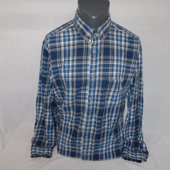 Eddie Bauer Mens L Blue White Plaid Button Front Relaxed fit Flannel Shirt - Picture 11 of 11
